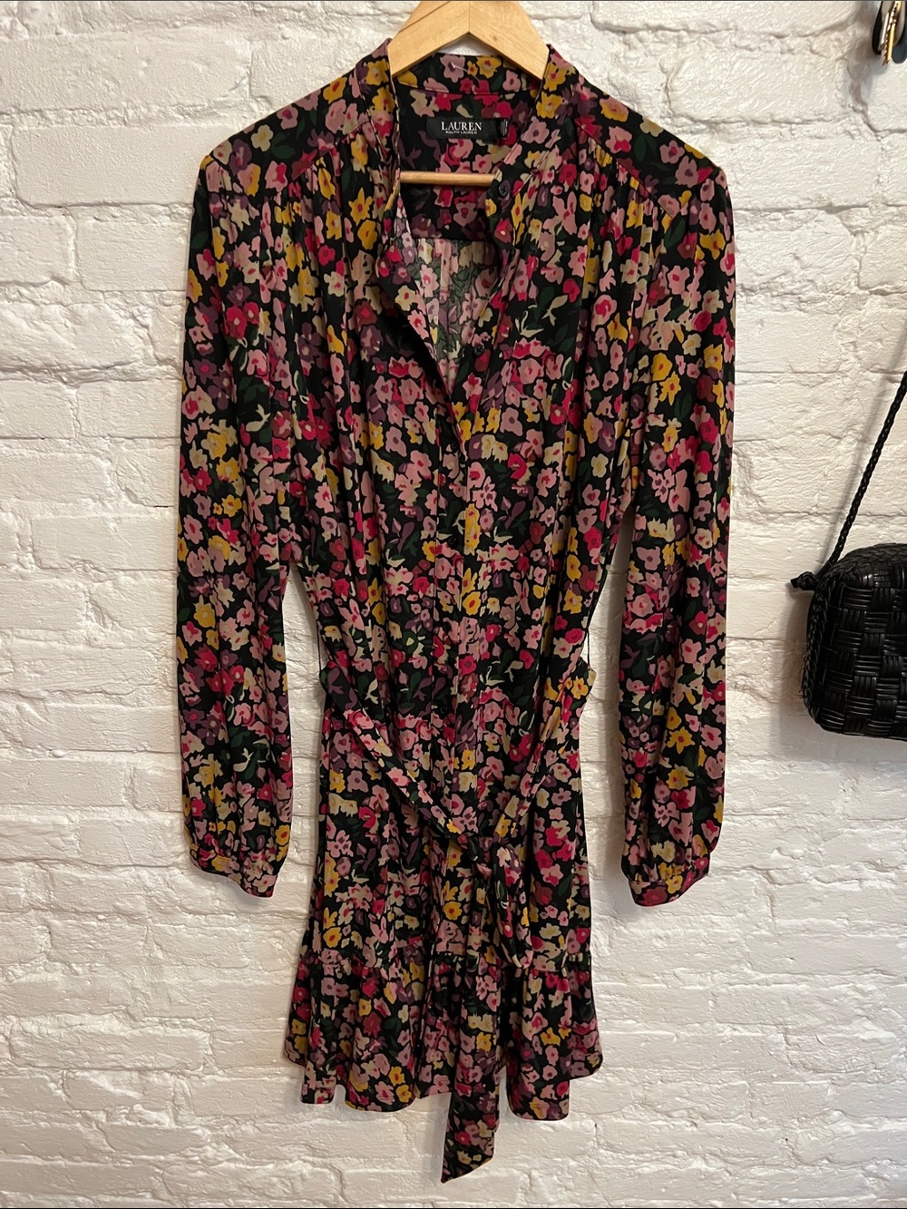 NWOT - Lauren Ralph Lauren Black Floral Tie-Waist Long Sleeve Dress